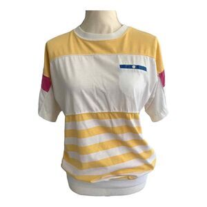 Carriage Court Sport vintage yellow & white knit striped top banded‎ waist large